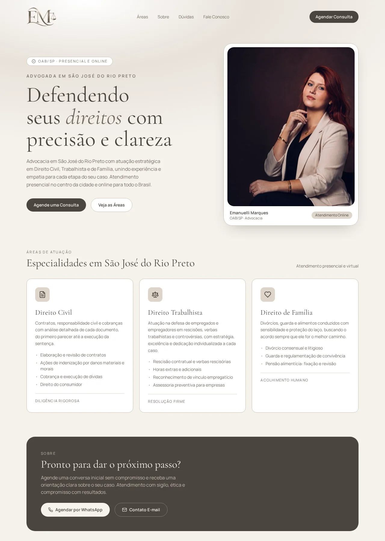 Página inicial do site Emanuelli Marques Advocacia